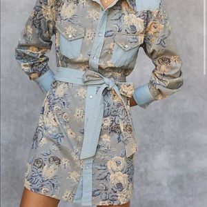 Anthropologie Love the Label Floral Chambray Mini Dress Blue Motif